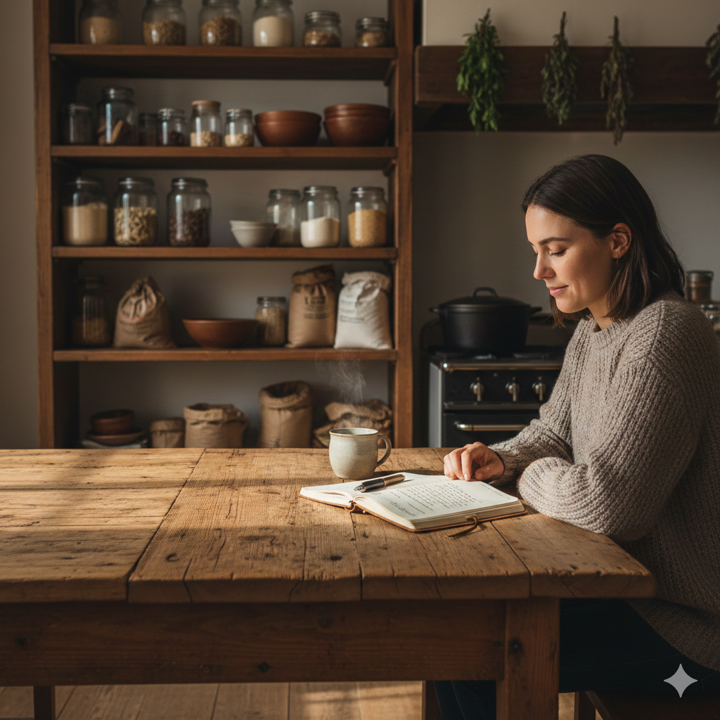 monthly food storage review checklist on kitchen table